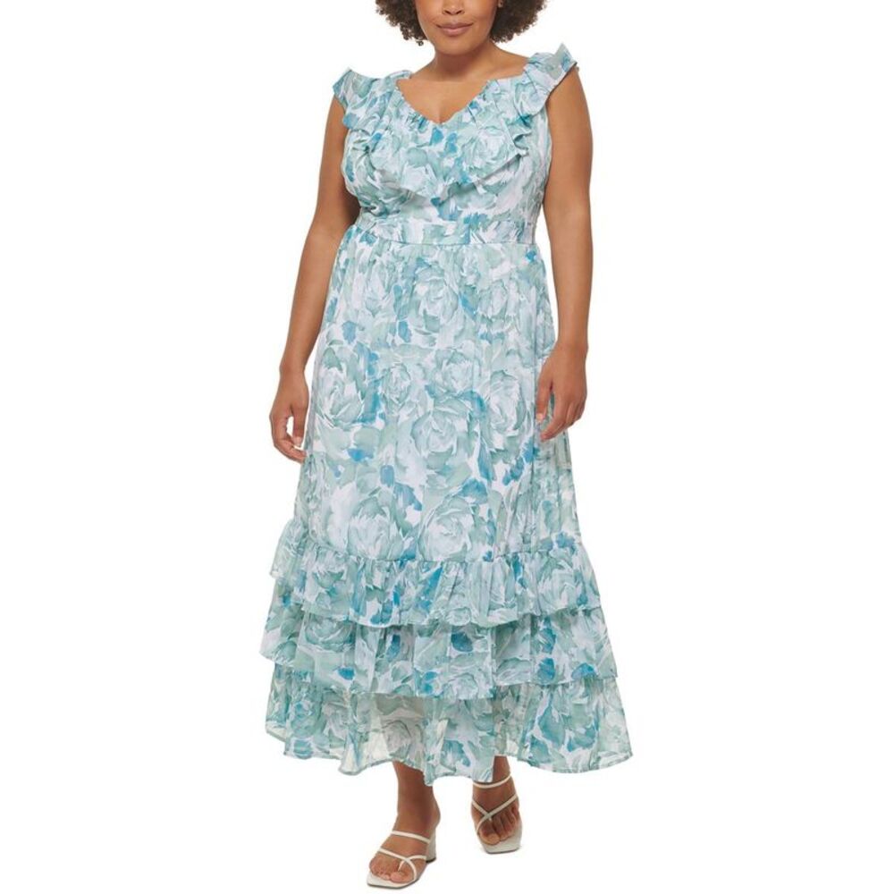 Calvin Klein Womens Blue V-Neck Long Ruffled Maxi Dress Plus NWT
